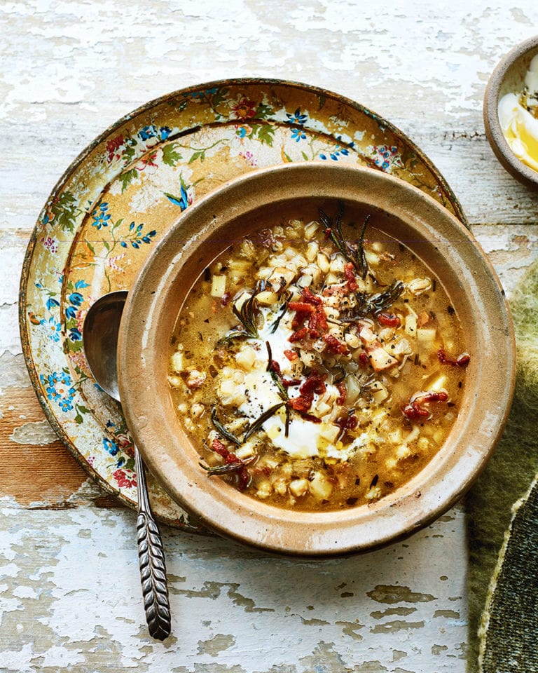 Celeriac, bacon  and barley soup