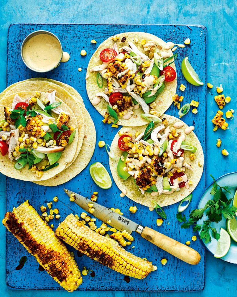 Charred corn and chicken tacos