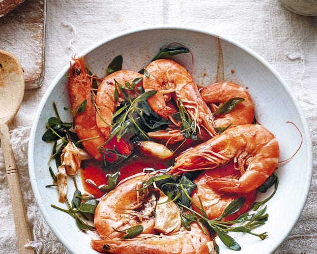 Chilli and garlic prawns with sea purslane