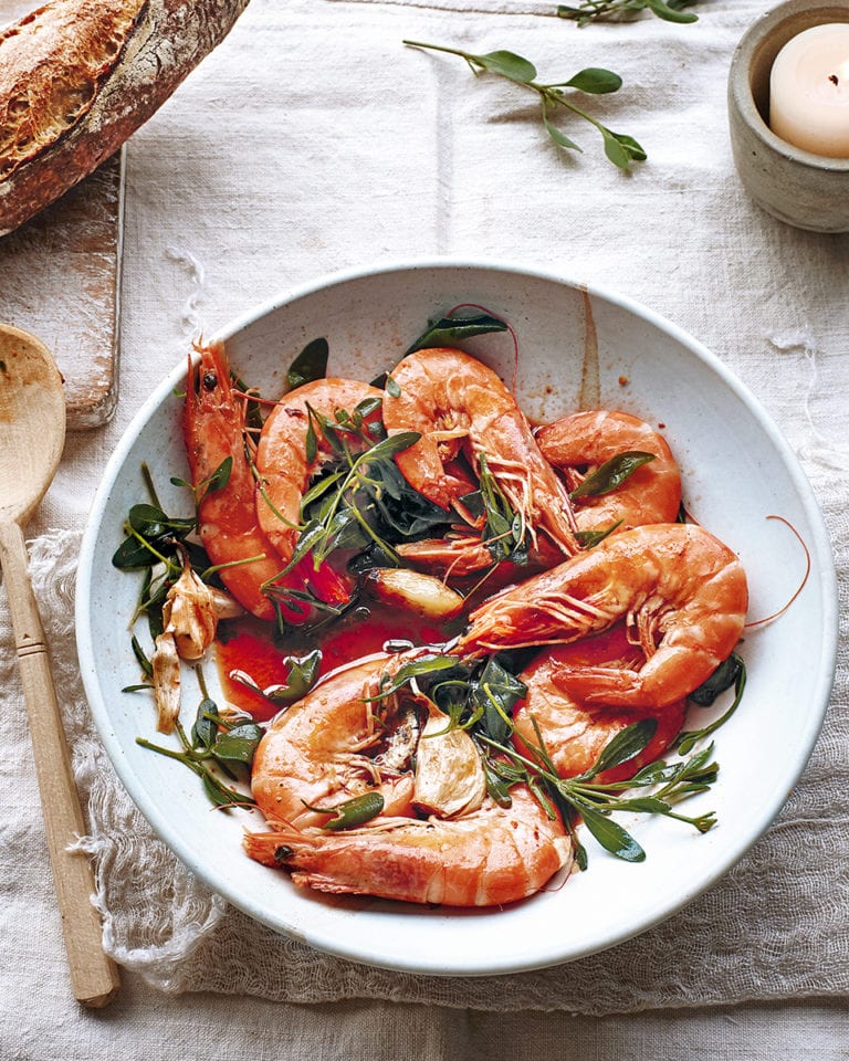 Chilli and garlic prawns with sea purslane