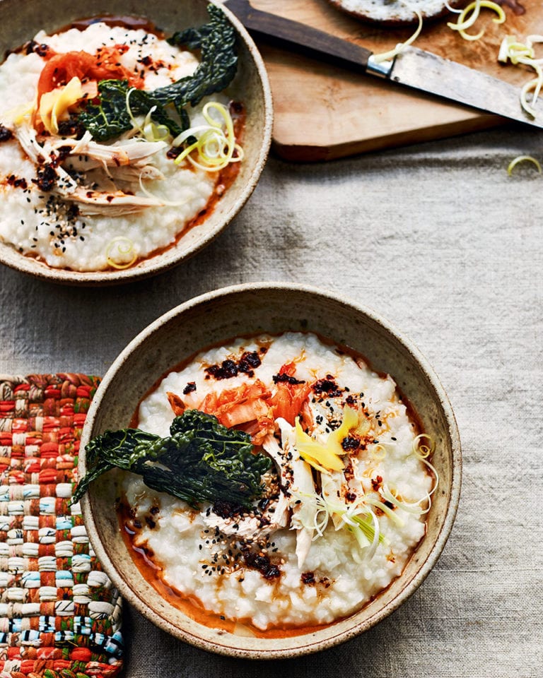 Ginger chicken congee (rice porridge) with kimchi