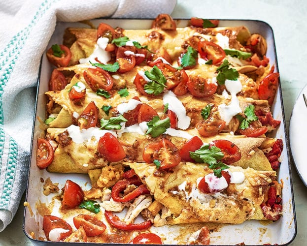 Sweet potato, red pepper and turkey enchiladas