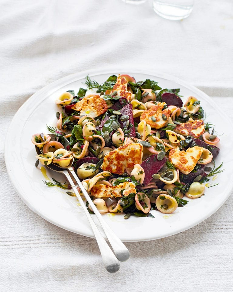 Pasta salad with halloumi, chard and beetroot