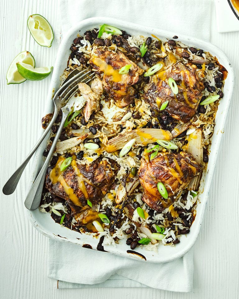 Jerk chicken and mango traybake