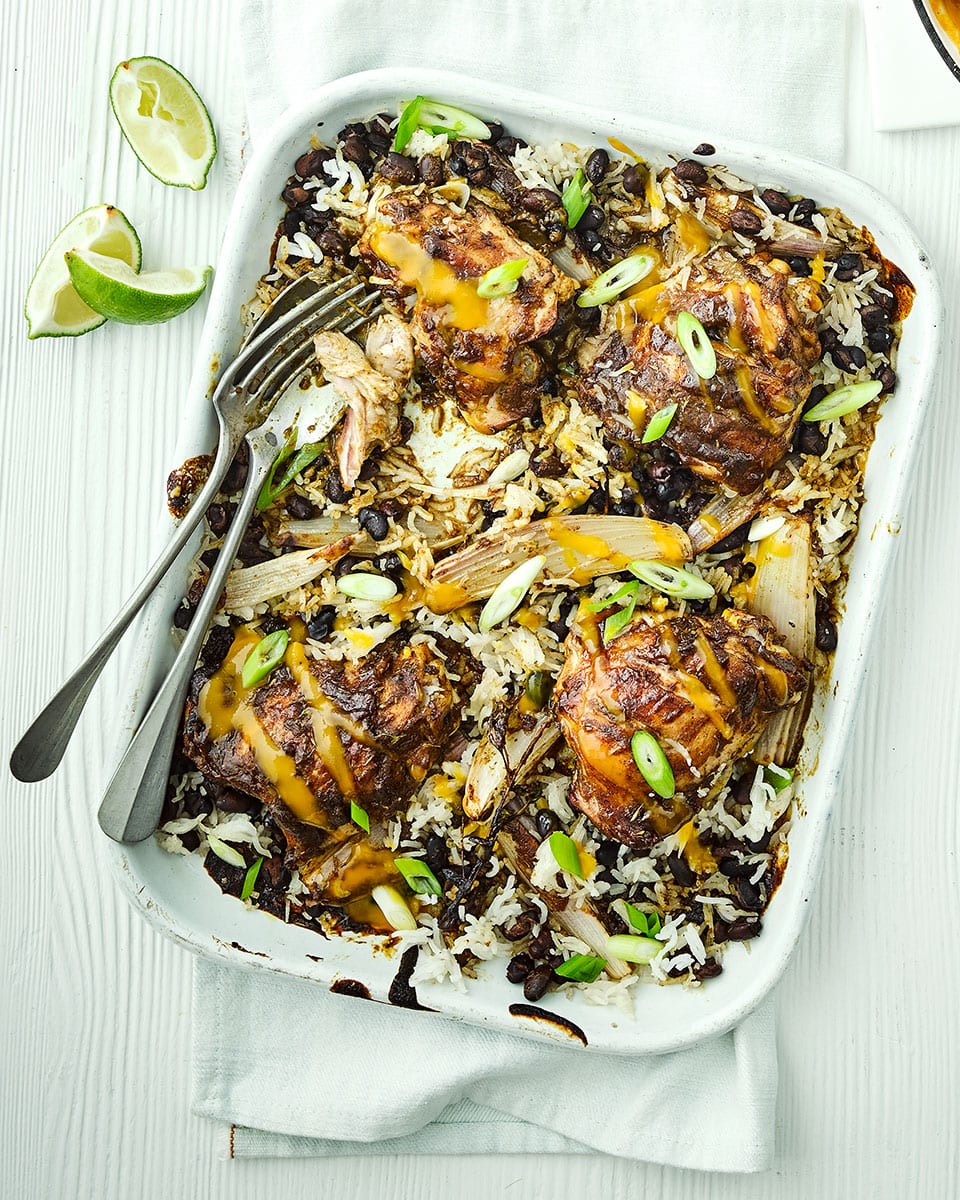 Jerk chicken and mango traybake recipe delicious. magazine
