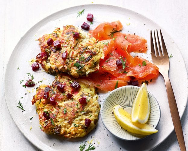 Celeriac and fennel potato latkes with smoked trout