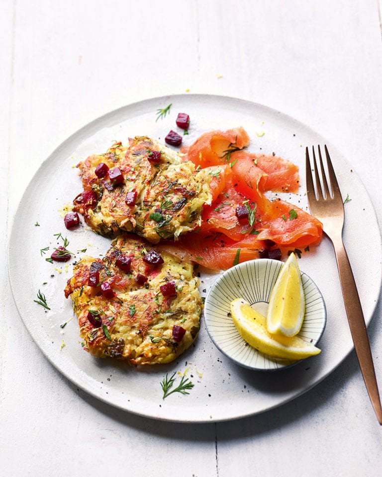 Celeriac and fennel potato latkes with smoked trout