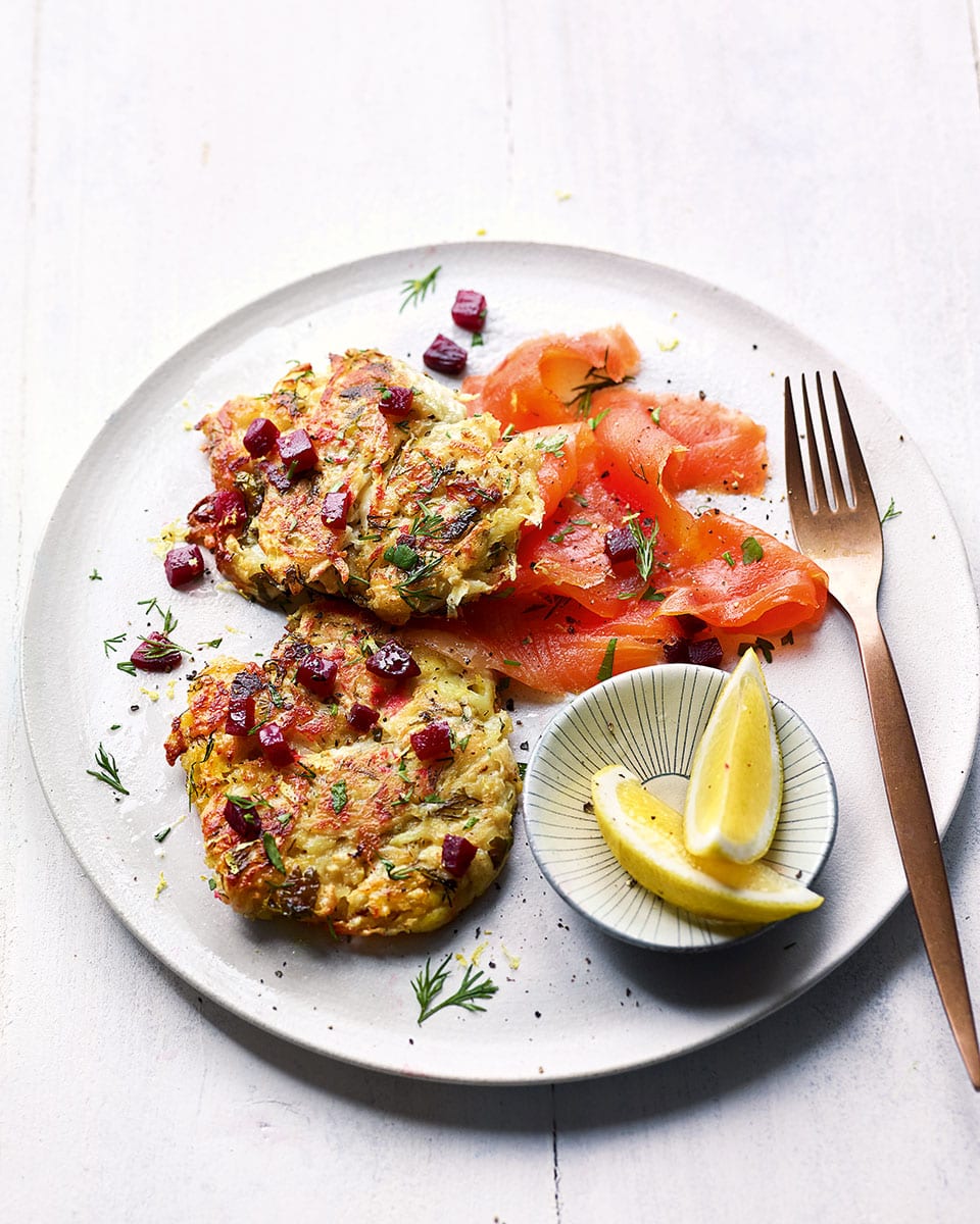 Celeriac and fennel potato latkes with smoked trout recipe | delicious. magazine
