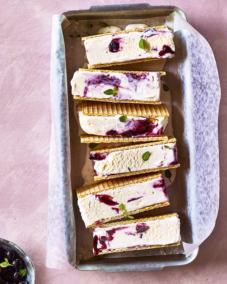 Blackcurrant ripple ice cream sandwiches