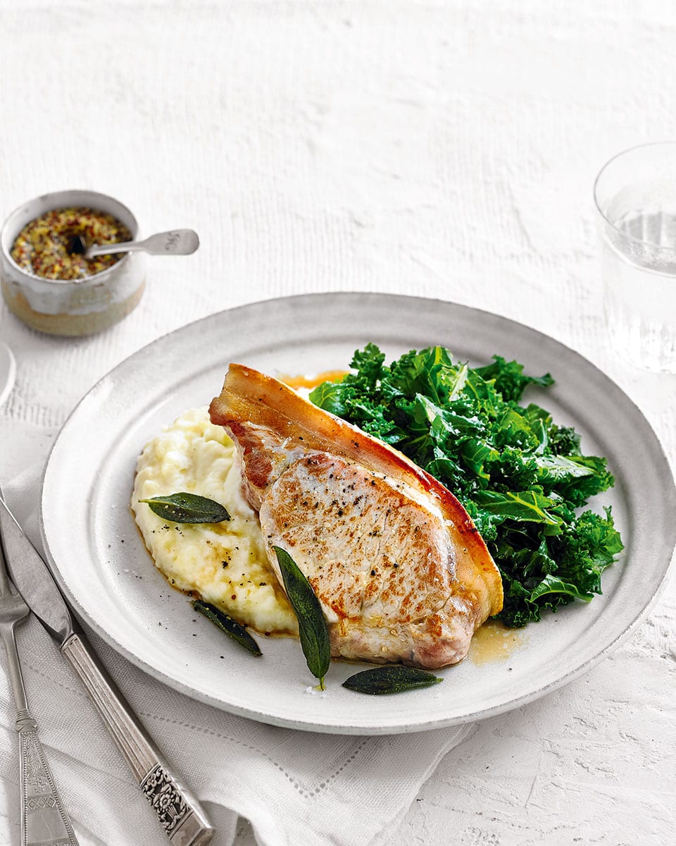 Pan-fried pork chop with sage and apple mash recipe | delicious. magazine