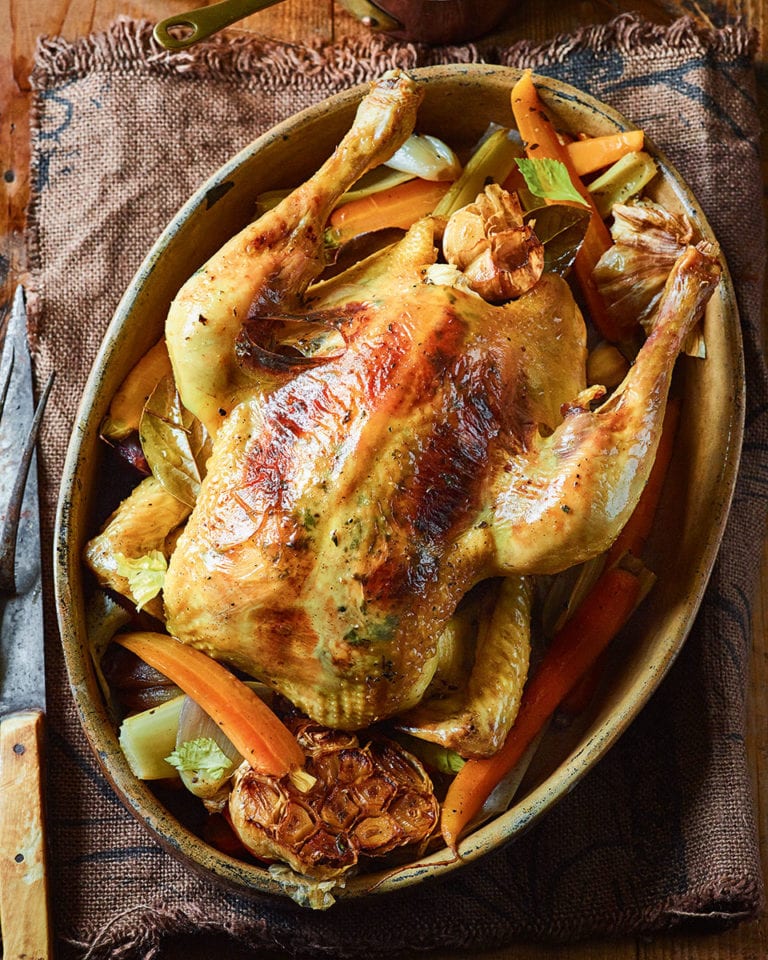 Honey, cider and thyme pot roast chicken