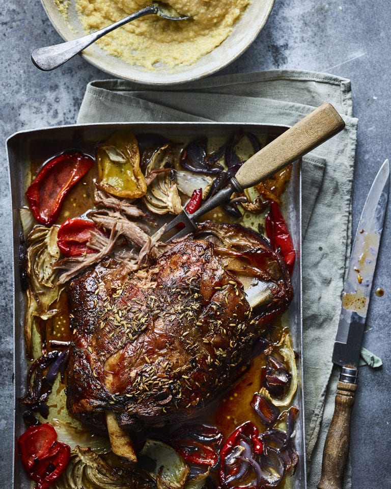 Slow-roast shoulder of lamb with chargrilled vegetables  and cheesy polenta