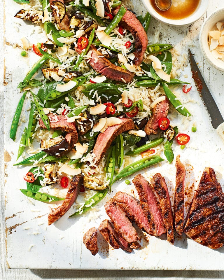 Thai steak salad with jasmine rice, sugar snaps and toasted coconut