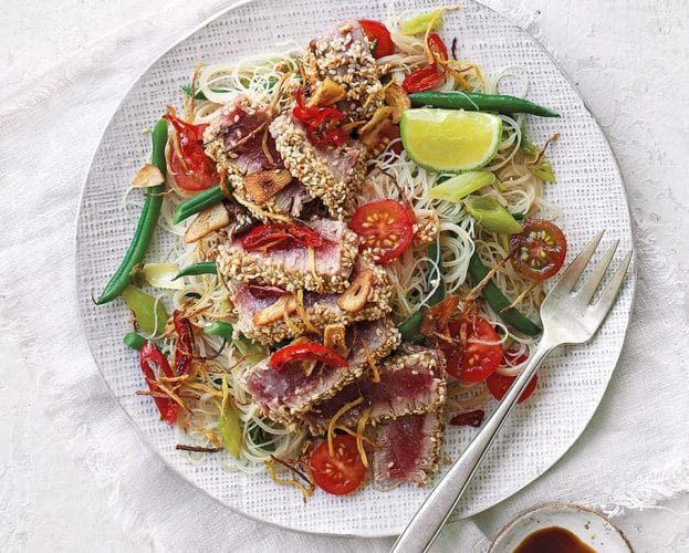 Sesame tuna steaks with noodle salad