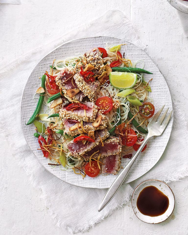 Sesame tuna steaks with noodle salad