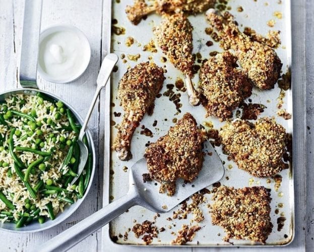 Crispy chicken legs with vegetable pilau