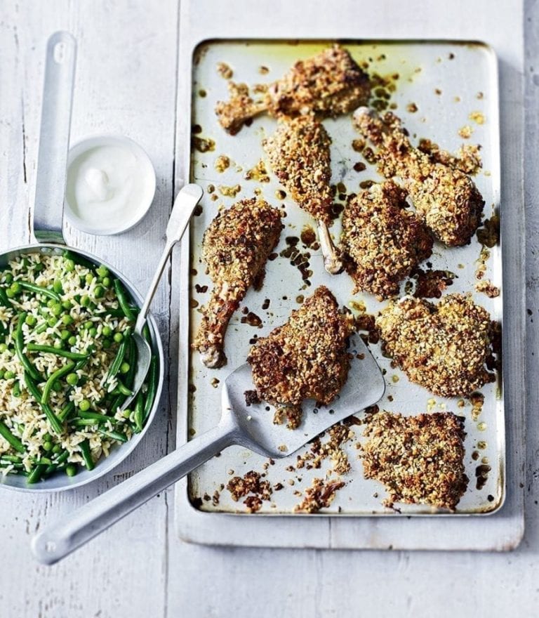 Crispy chicken legs with vegetable pilau