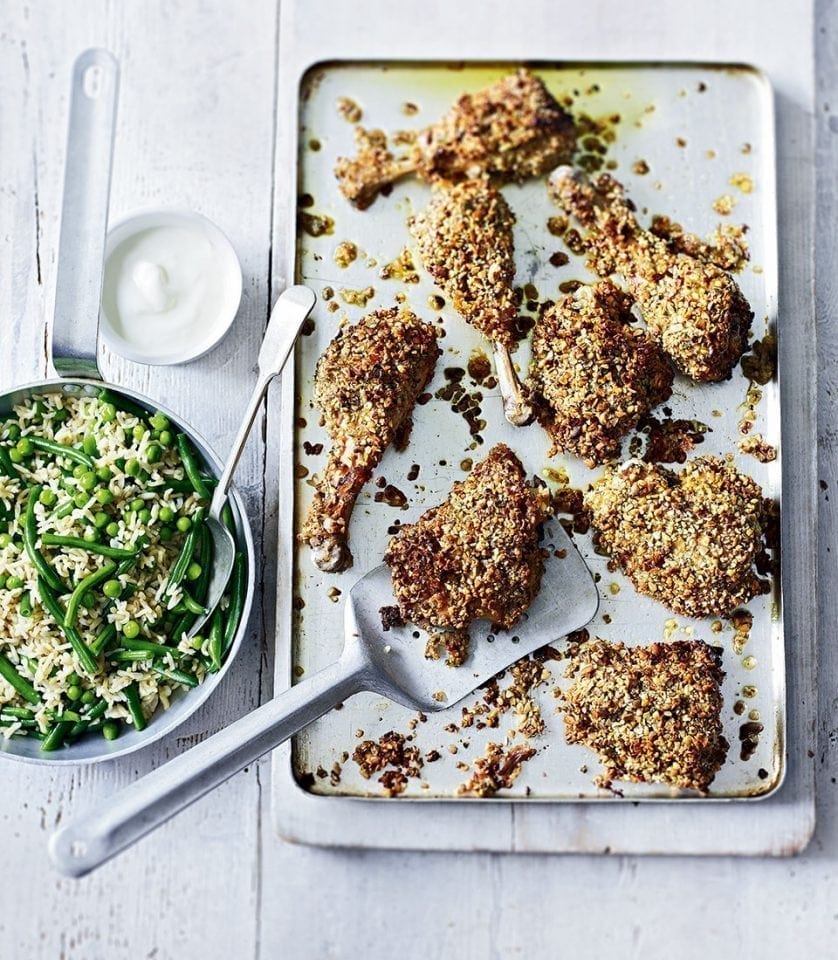 Crispy chicken legs with vegetable pilau