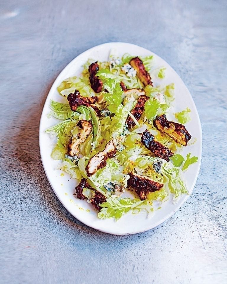 barbecues chicken, blue cheese and pickled celery salad
