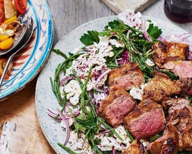 Spiced lamb with samphire and sumac salad