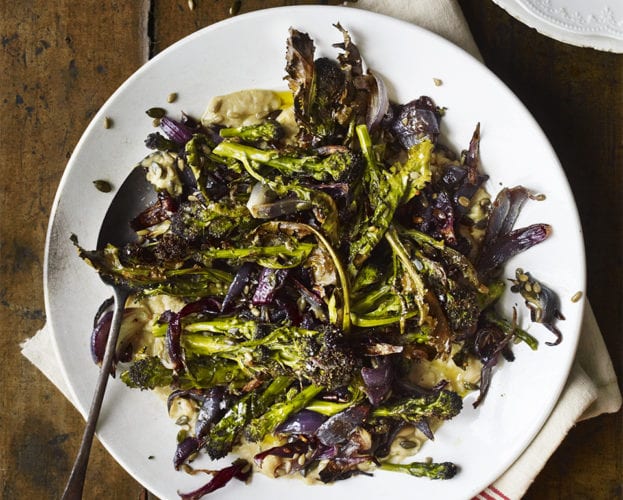 Roast purple sprouting broccoli with smashed white beans