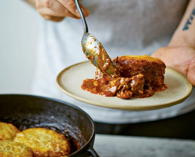 Barbecue spiced beef stew with cheesy scone topping