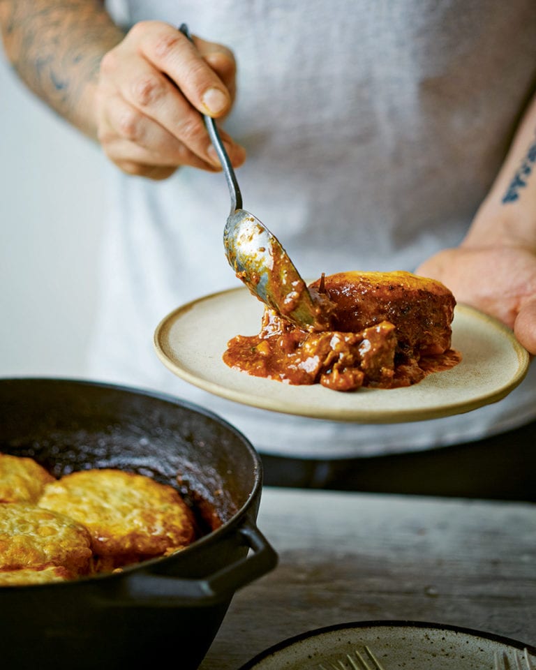 Barbecue spiced beef stew with cheesy scone topping