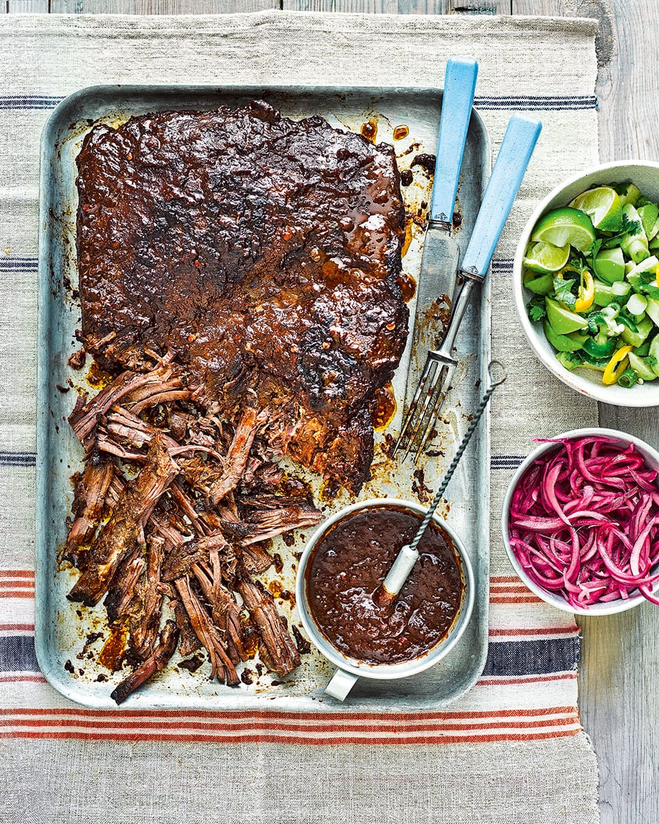 Mexican-style barbecued beef brisket with quick-pickled onions