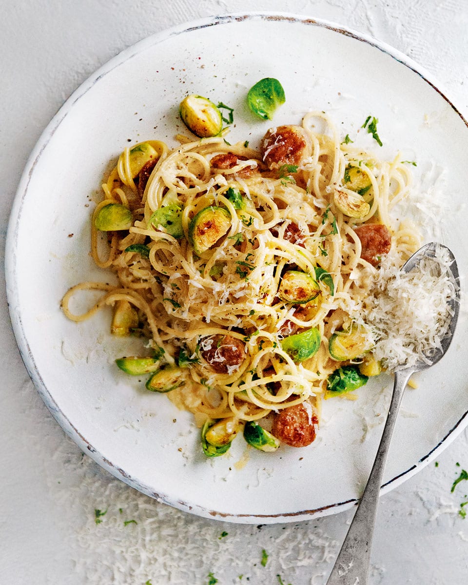 Sausage and sprout carbonara recipe | delicious. magazine