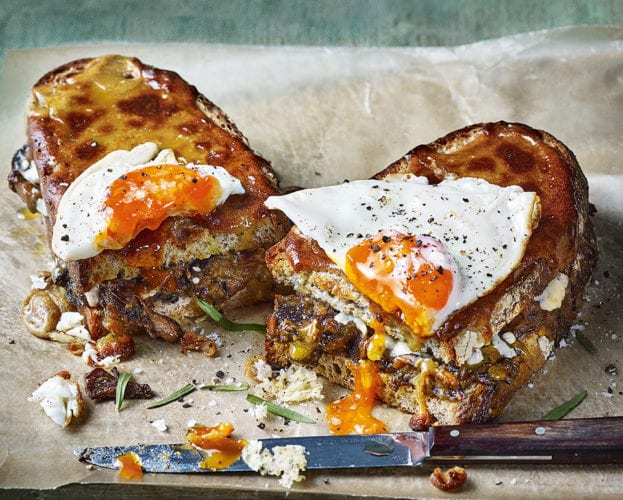 Mushroom Welsh rarebit toastie with a fried egg