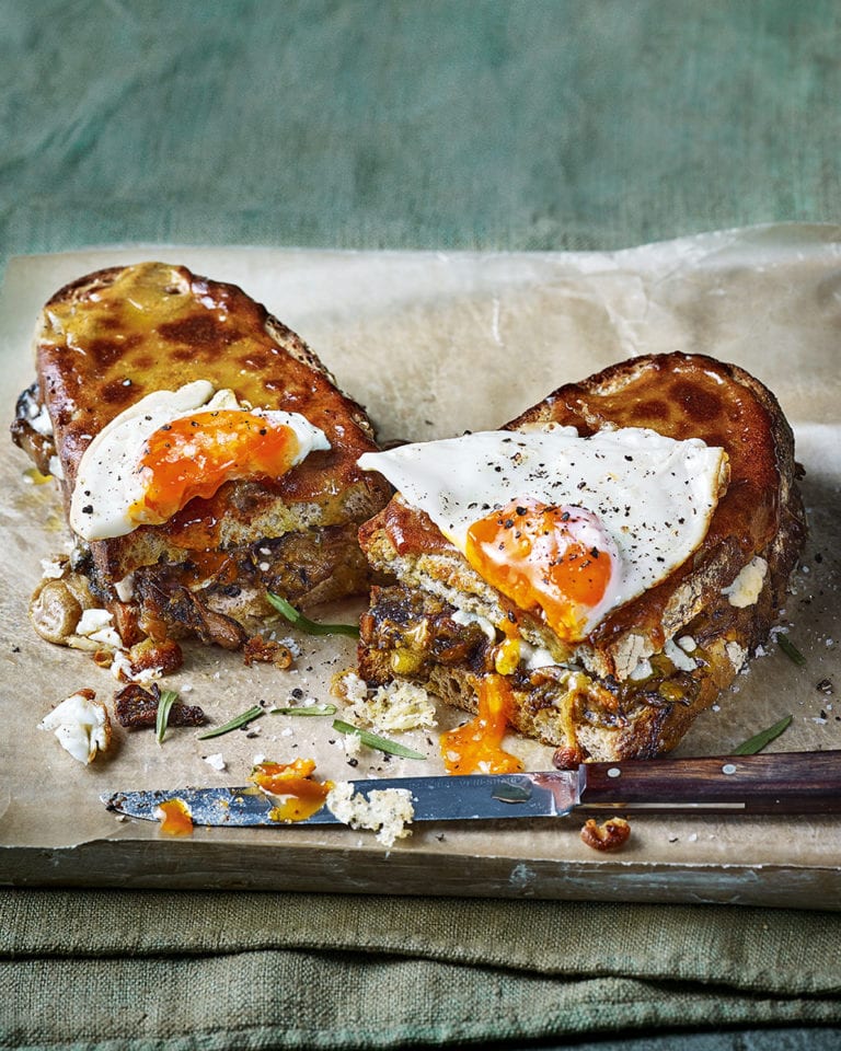 Mushroom Welsh rarebit toastie with a fried egg