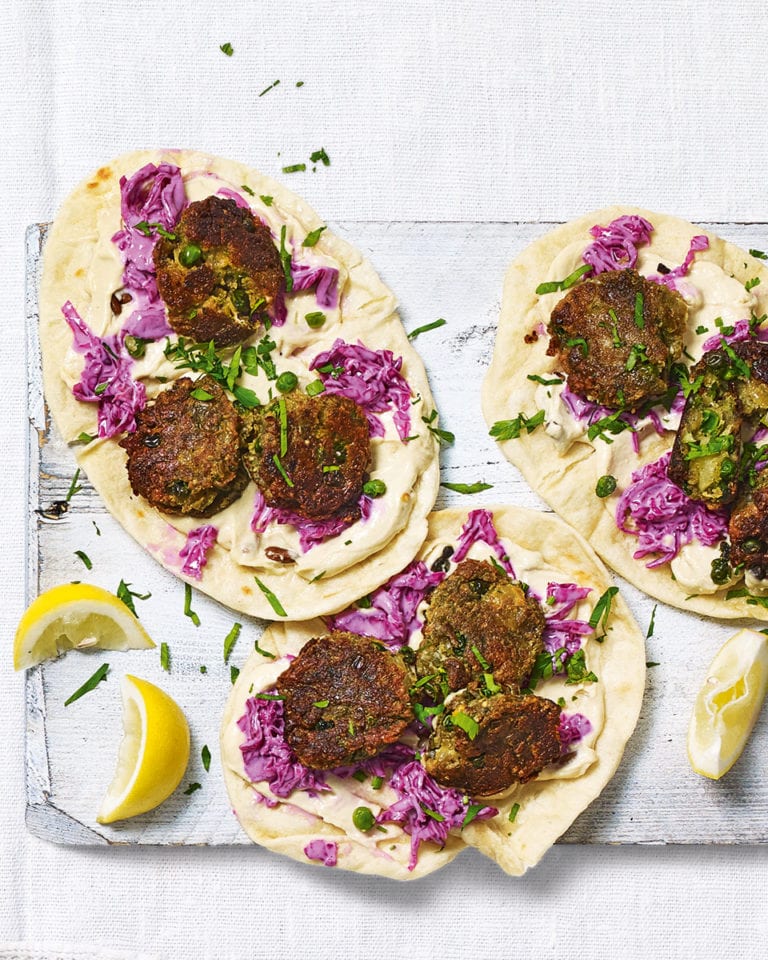 Halloumi and pea falafel flatbreads with houmous and slaw