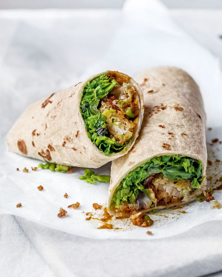 Chunky ‘chip shop’ fish and pea wraps