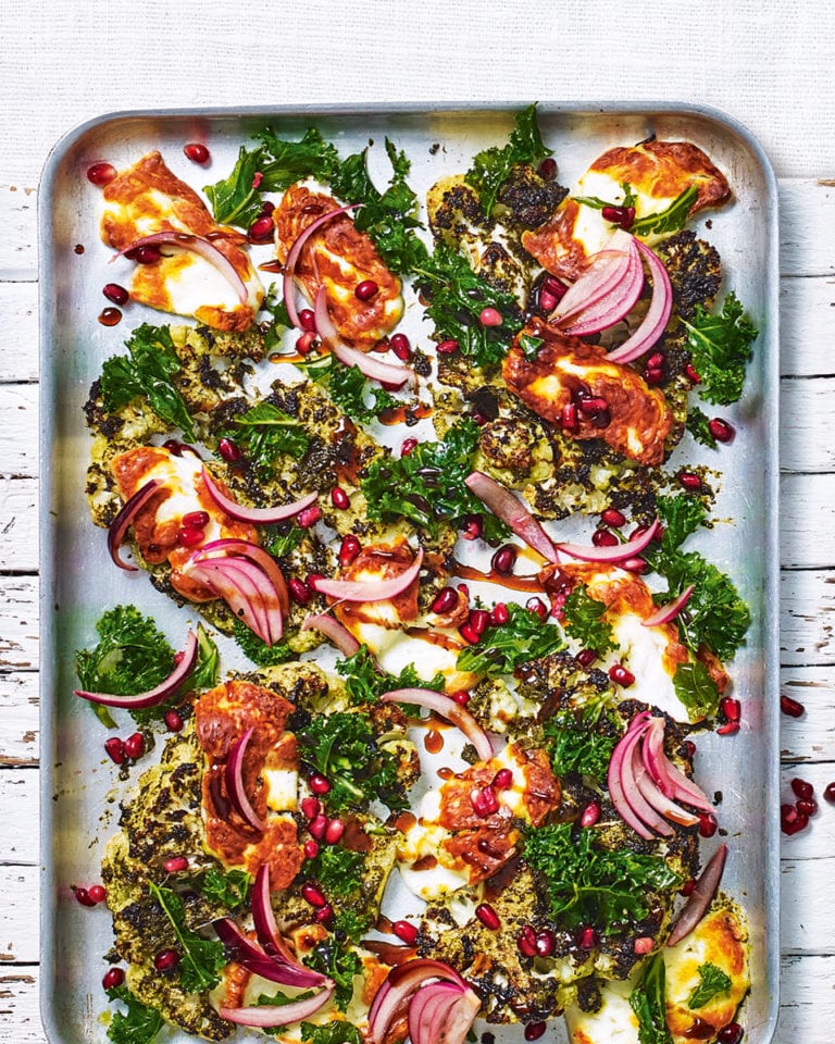 Spiced cauliflower steaks, halloumi and pickled red onions