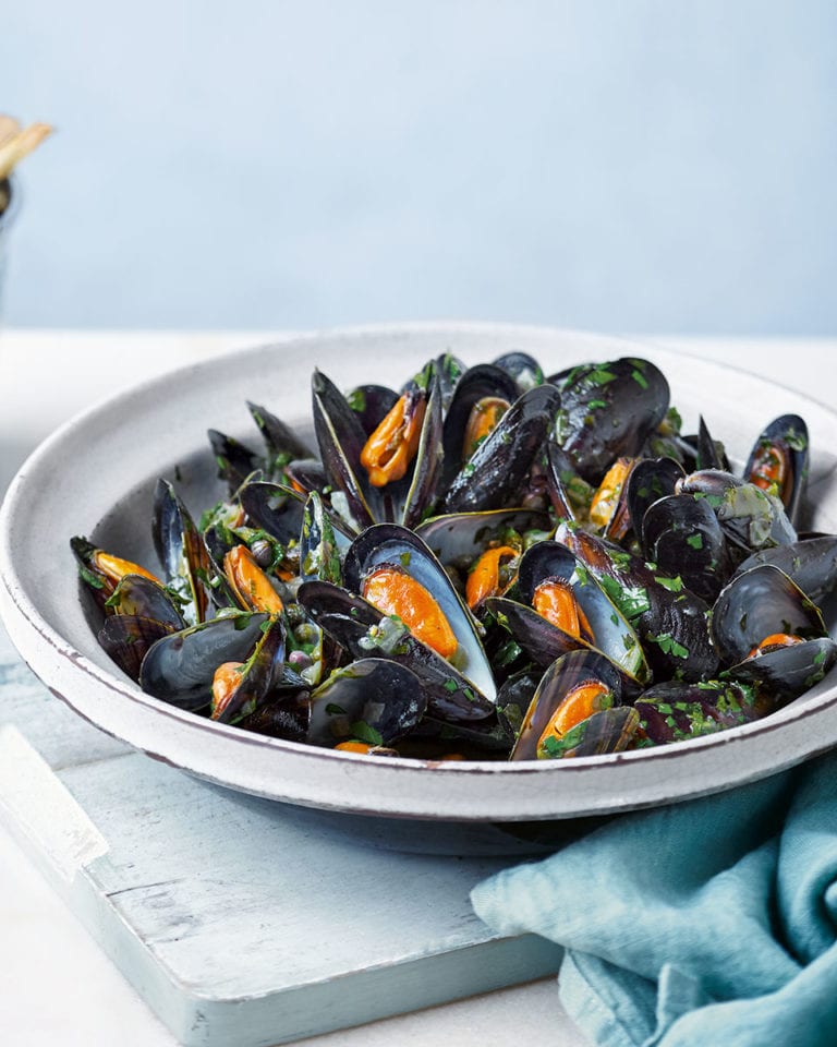 Mussels with salsa verde and olive oil chips