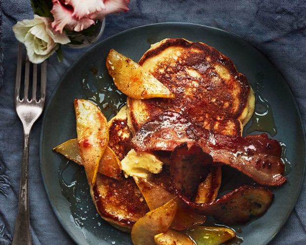 Ricotta pancakes with spiced pear and bacon butter