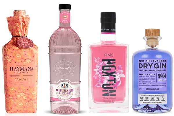 gin in pink and purple bottles