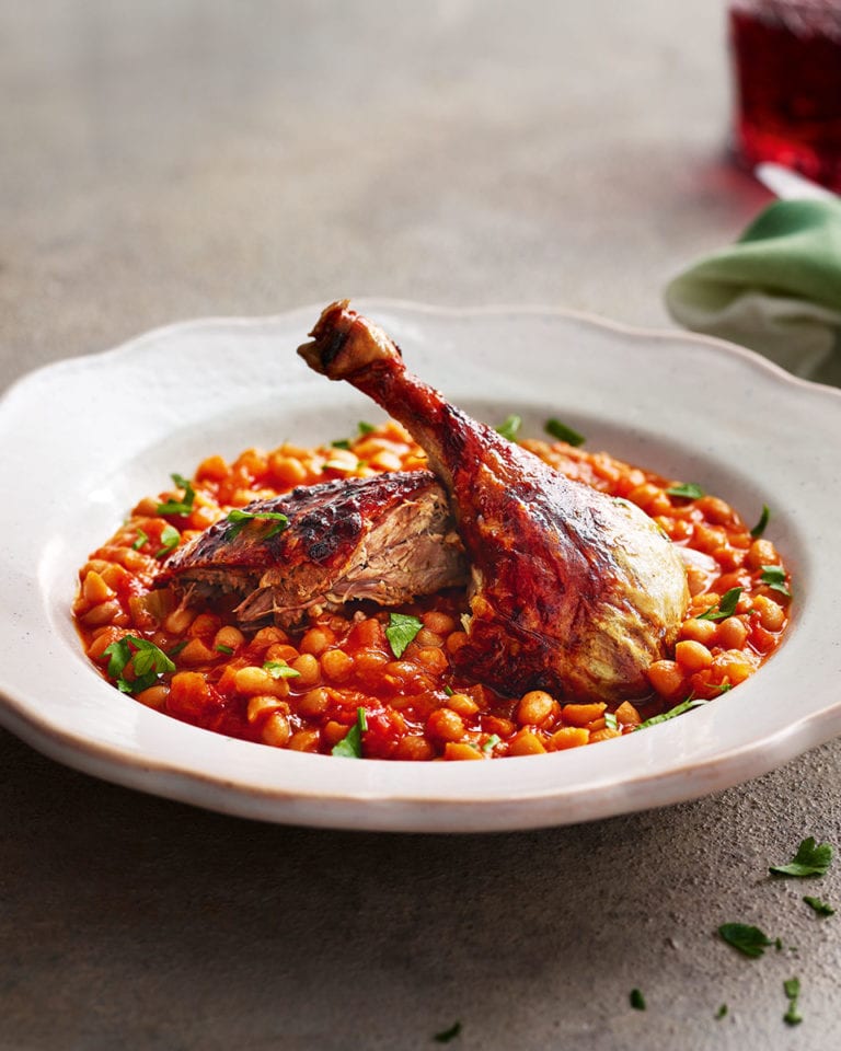 Roast duck with rich maple-baked beans
