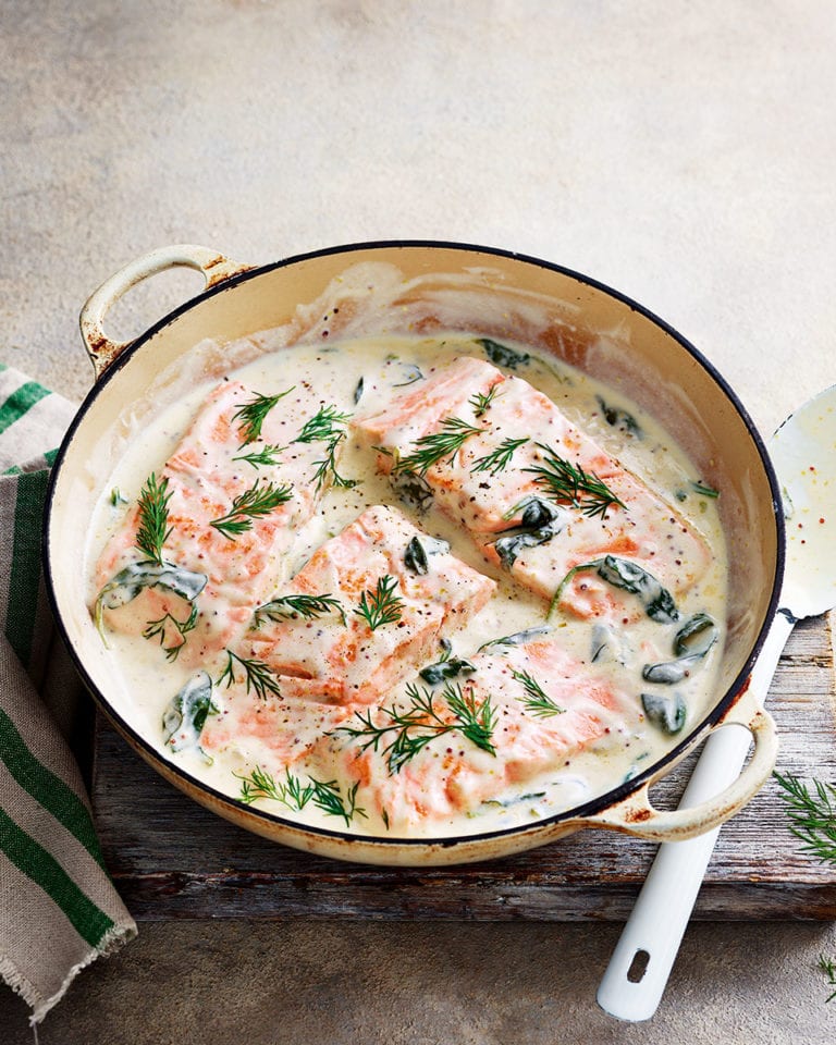 Baked salmon in a creamy maple and spinach sauce