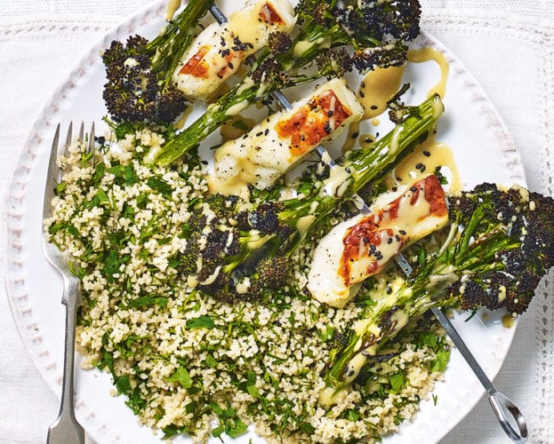 Purple sprouting broccoli and halloumi skewers