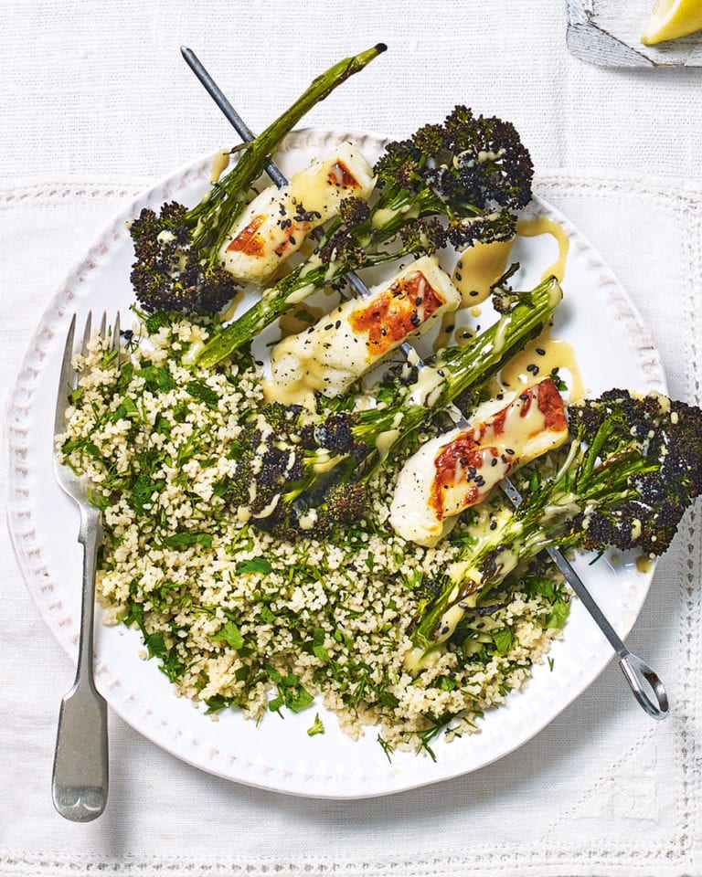 Purple sprouting broccoli and halloumi skewers