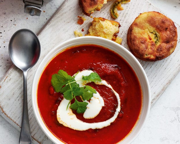 Smoky tomato soup with cheesy cornbread muffins