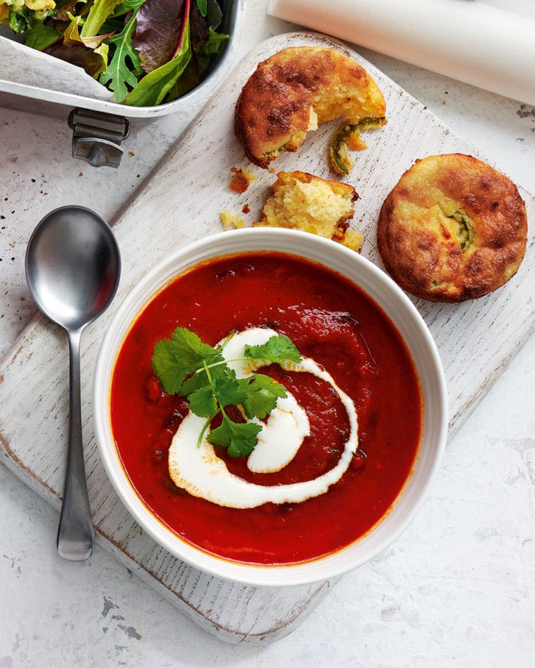 Smoky tomato soup with cheesy cornbread muffins