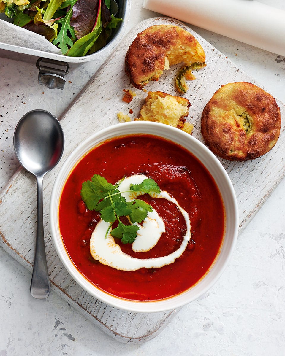 Smoky tomato soup with cheesy cornbread muffins recipe | delicious. magazine
