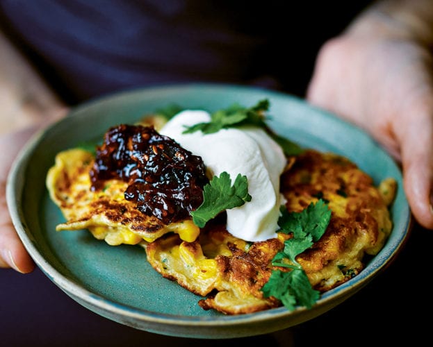 Spicy sweetcorn fritters with tomato chutney