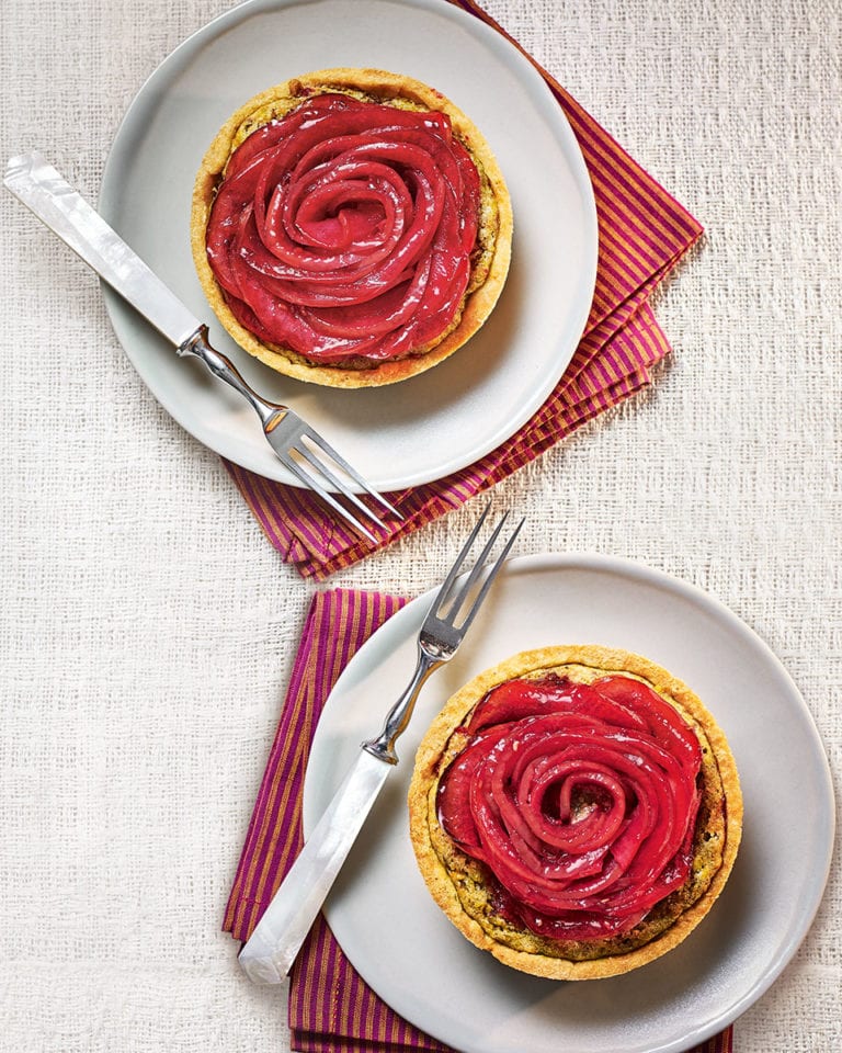 Apple, rose and pistachio tarts