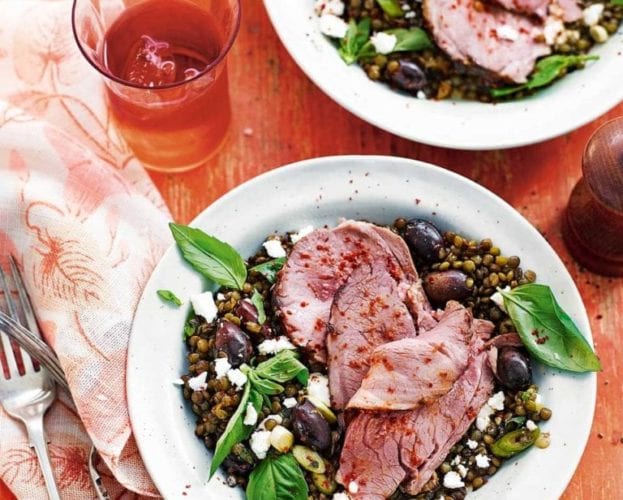 thyme roast lamb with lentils, feta, olives and herbs