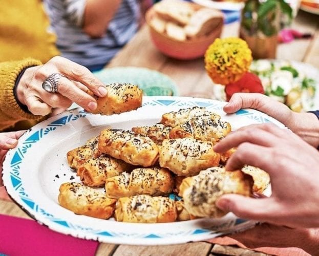 Sausage, cider and apple filo rolls with mustard mayonnaise