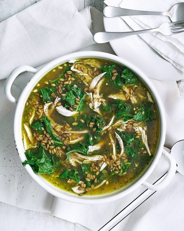 Chicken, kale and pesto soup