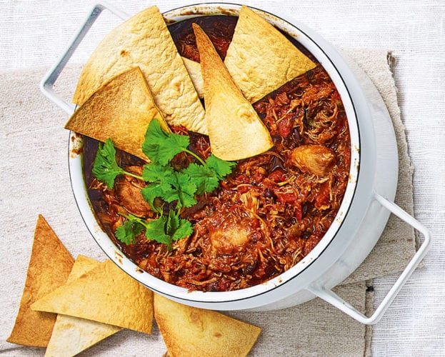 Chicken and pepper pie with tortilla crisps